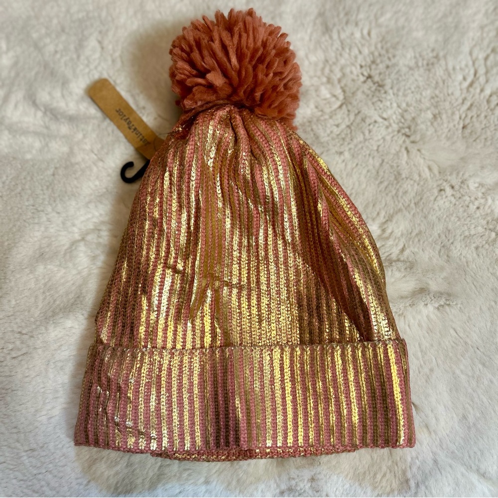 NWT Gold Painted Pink Toque with Pom Pom